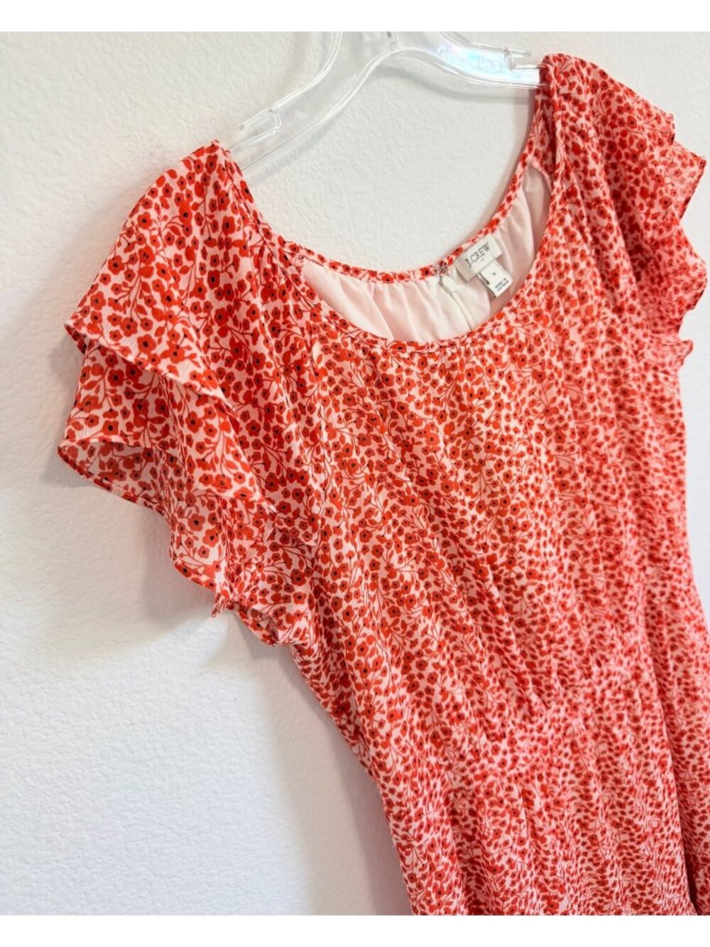 J. Crew Short Sleeve Round Neck Ruffled White/Orange Floral Dress Size 8 - Picture 5 of 8
